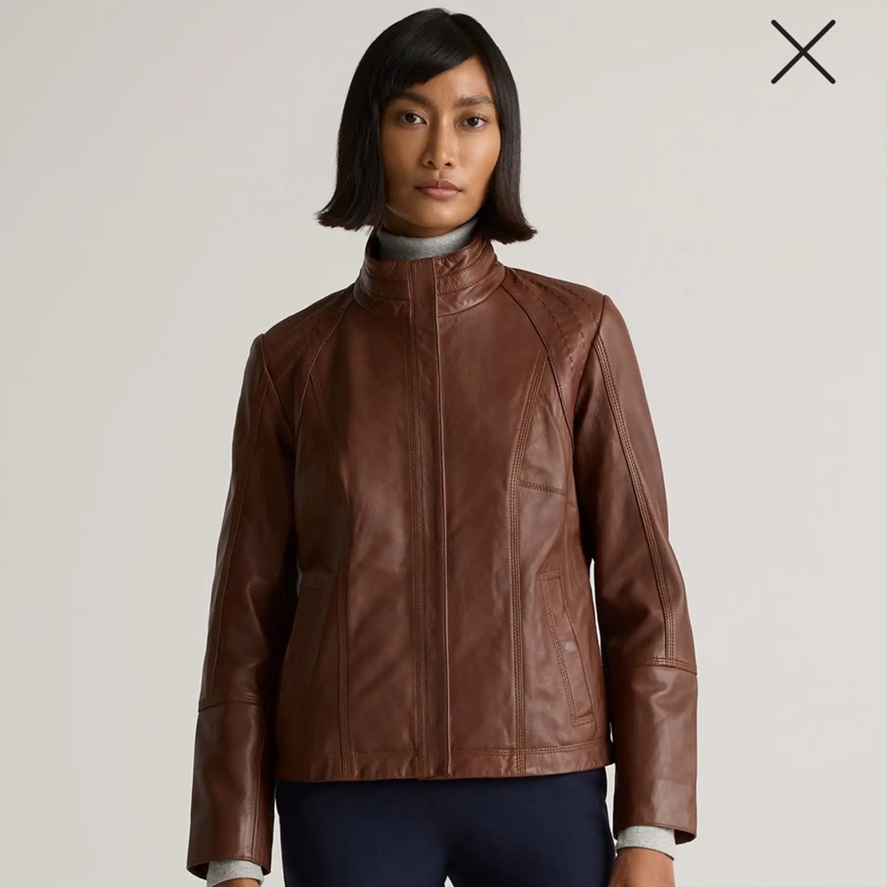 Quince Women's Cognac-Brown Leather Stand-Collar Jacket sz M Full Zip NWT